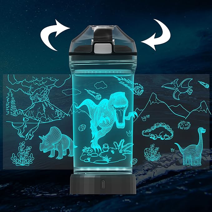 Attivolife Kids Water Bottle Light up Dinosaur, Jurassic Cup 3D Illusion Glowing Lamp-14 OZ Dino BPA Free Eco-Friendly Timer Function, Cool Unique Gifts for Boy Girl Toddler Camping