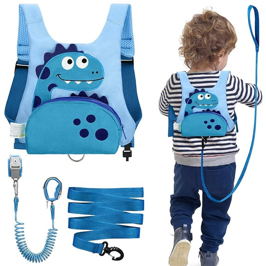 Dr.meter 3 in 1 Toddler Harness Leash + 8.2ft Anti Lost Wrist Link, Cute Dinosaur Kids Safety Harness with Key Lock, Child Walking Harness Assistant Strap for Outdoor Activity Travel