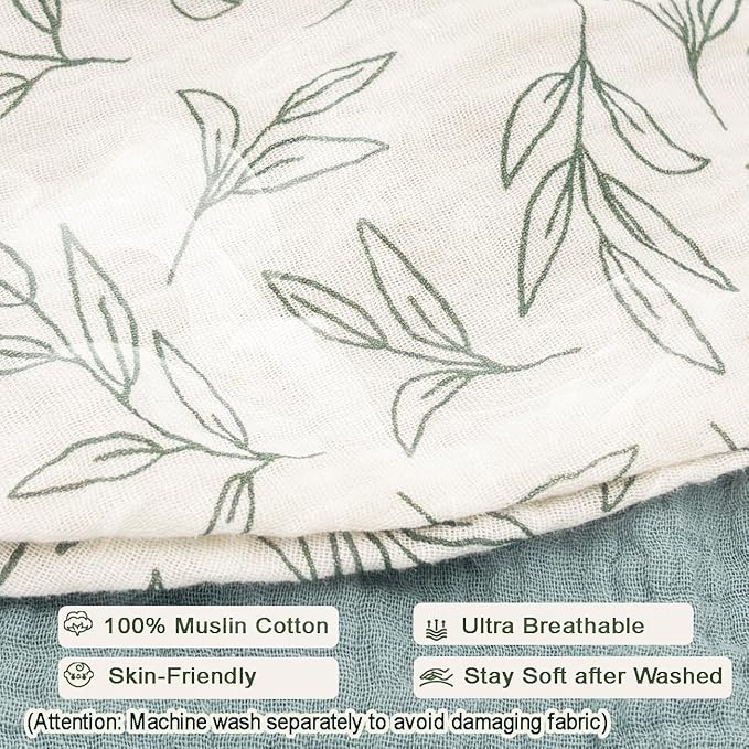 Nursing Pillow Cover - 2-Pack Muslin Cotton Removable Covers for Breastfeeding Pillows, Ultra-Soft Baby Feeding Pillowcase for Boy & Girl, Fits 22.5"x18" Pillows (Green Leaf & Sage Green)