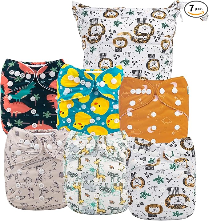 ALVABABY 6pcs Cloth Diaper Covers & 1 Wet Dry Bag, Washable Reusable Diaper Shell for Prefold with Multi-Functional Bag