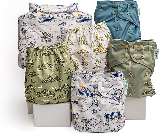 Kinder Cloth Diapers Reusable Baby Diapers Pocket Style Athletic Wicking Jersey, Wet Bag, Newborn to Potty Training 7-60lbs, One Size, Inserts NOT Included (Great Outdoors, 5 Pack, Without Inserts)