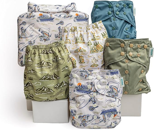 Kinder Cloth Diapers Reusable Baby Diapers Pocket Style Athletic Wicking Jersey, Wet Bag, Newborn to Potty Training 7-60lbs, One Size, Inserts NOT Included (Great Outdoors, 5 Pack, Without Inserts)