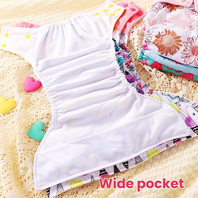 Cloth Diapers 6 Pack with 6 Inserts & 1 Wet Bag - Waterproof Cover, Washable, Reusable & One Size Adjustable Pocket Diapers for Newborns and Toddlers (Blossom Set)