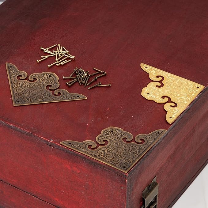 Antique Brass Decorative Box Corner Protector, 4Pcs Wooden Jewelry Gift Box Cabinet Chest Accessories Guard Edge Cover Flat Corner Brace (Bronze, Printing Pattern)