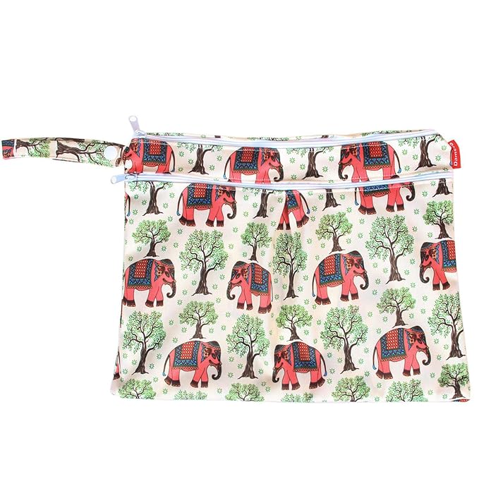 Damero 2pcs Travel Wet and Dry Bag, Reusable Wet Bags Organizer with Two Zippered Pocket for Cloth Diaper, Pumping Parts, Swimsuit and Gym, Elephants
