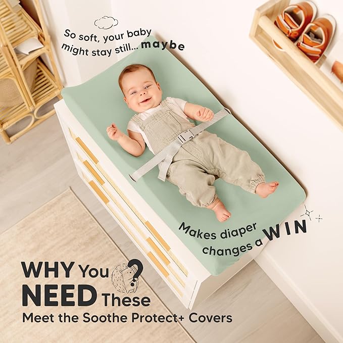 2-Pack Waterproof Changing Pad Covers Boy, Girl – 32x16 Soft Cotton Baby Changing Table Cover, Wipeable Diaper Change Pad Sheets, Contour Baby Diaper Change Mat Liner for Dresser, Nursery (Sage)