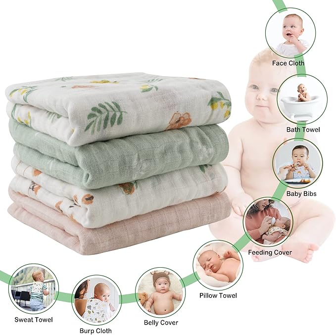 Baby Muslin Burp Cloths, 100% Cotton Burping Cloths Super Absorbent Soft, Bath Towel Burp Cloths for Baby Girl Boy, Great Gift for Newborn, 10 x 20 inch, 4 Pack, Leaves & Flowers