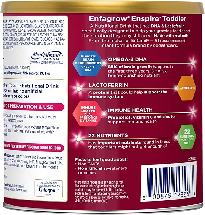 Enfagrow Enspire Toddler, Nutritional Drink, Immune-Supporting Lactoferrin and Brain-Supporting DHA, Natural Milk Flavor, 24 Oz Can (Pack of 4)