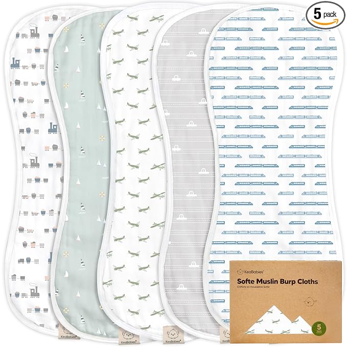 5-Pack Muslin Burp Cloths Baby Boy, Girl - Very Absorbent Baby Burp Cloth Rags, 8-Layers Viscose Derived from Bamboo Cotton Muslin Towel, Super Soft Spit Up Rags, No Shrink Washcloths (Vessels)