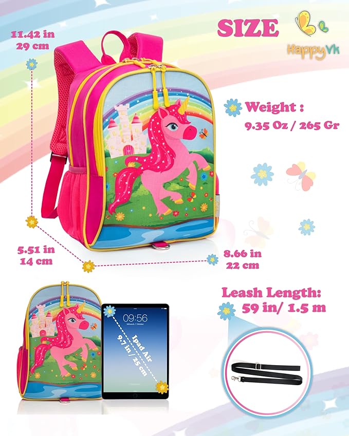 HappyVk Backpack with Leash for Kids - Anti Lost Walking Toddler Leash - Unicorn Design - for 1-4 Years Old Girls