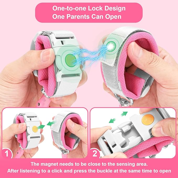 Accmor Anti Lost Wrist Link with Induction Lock, 2 Packs Upgraded Toddler Leash, Reflective Kids Wrist Leash for Baby, Magnetic Unlock Child Walking Wristband Leash for Boys Girls (Rose + Dark Blue)
