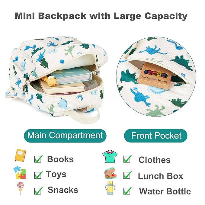 Corduroy Toddler Backpack with Detachable Leash and Anti-Lost Wrist Link, Safety Harness Walking Backpack for Toddler Boys Girls 1-3, Cute Dinosaur Travel Backpack with Leash for Kids