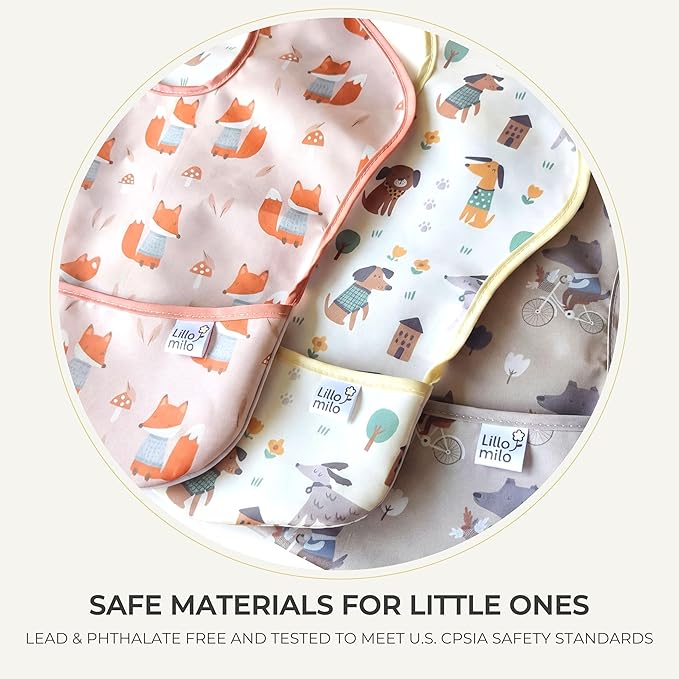 Waterproof Baby Bibs for Eating 3-Pack | Toddler Bibs with Food Catcher | Machine Washable Bibs, Lightweight | Infants & Toddlers 6-36 Month, CPSIA Tested, Animal Design (White, Pink, Grey)