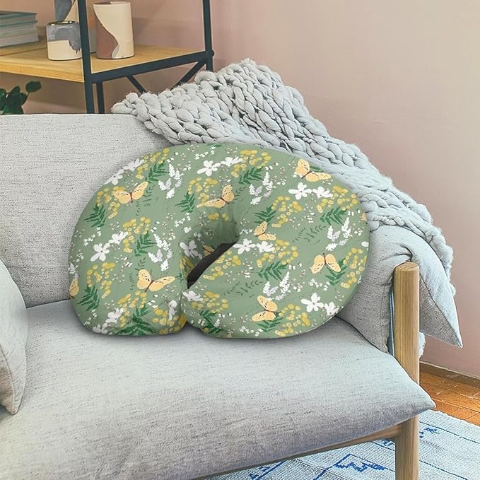Retro Butterfly and Flower Nursing Pillow Cover for Baby Boy Girl Breastfeeding Slipcover Infant Newborn Nursery Bottle Pillowcase Stretchy Replaceable Pillow Cover Slipcover