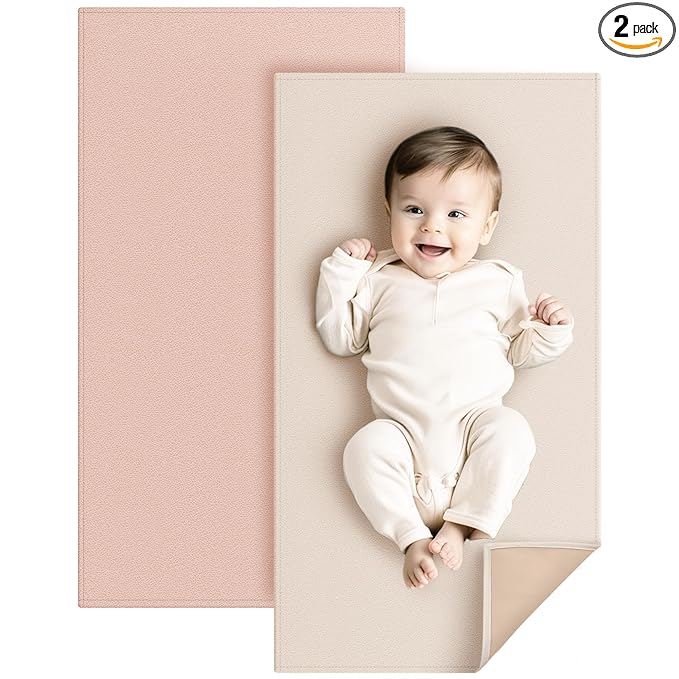 Konssy Faux Leather Baby Changing Mat, Waterproof, Wipeable & Portable Diaper Changing Pad for Travel or Home, Fits Perfectly in Diaper Bag, 32 x 20 inches (Blush,Beige)