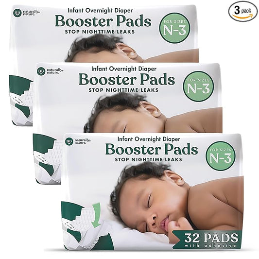 Naturally Nature Overnight Leak-Protection Diaper Booster Pads, for Heavy Wetters, Diaper Liners for Baby Overnight Diapers - Size N-3 Unisex, 96-Pack