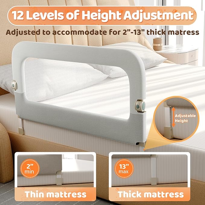 omzer Large Bed Guard Rail for Toddlers - 59inch Foldable & Adjustable Heights Baby Bed Safety Railing - Toddler Long Bed Rails Guard for Twin, Bunk, Queen & King, Full Size Bed