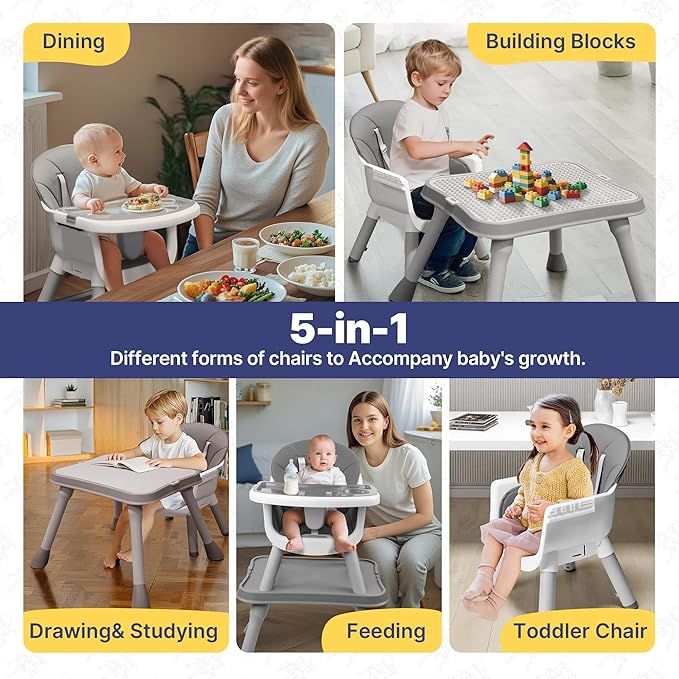 5 in 1 Baby High Chair, Toddler Chair with Removable Tray, Convertible High Chairs for Babies and Toddlers, Kids Learning Table, Building Block Table, Dining Booster Seat with Safety Harness, Gray