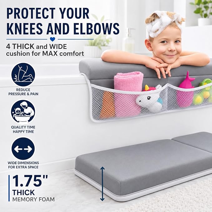Comfortable Baby Bath Kneeler and Elbow Rest Pad Set, Non-Slip Bathtub Kneeling Pad for Bathing Baby, Bath Tub Cushion Mat, Elbow Pads, Toy Organizer Storage Pockets, Strong Suction Cups (Lua Gray)