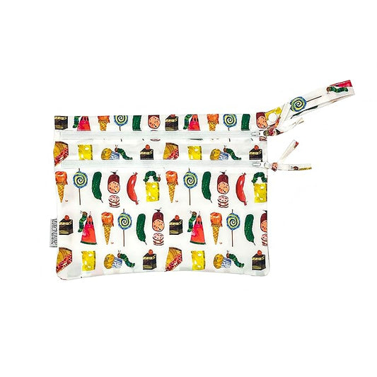 BapronBaby Eric Carle Food Parade Wet Dry Bag - Waterproof Two Zipper Pockets - Reusable for Mealtime, Diapers, Stroller, Snacks, Swimsuits - Machine Washable - 11" x 9"