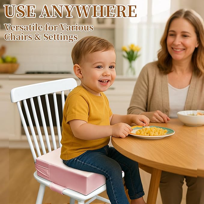 Toddler Booster Seat for Dining Table – PU Washable Cushion with Double Safe Straps, Non-Slip Bottom, Portable Travel Booster Seat for Toddlers (Pink)
