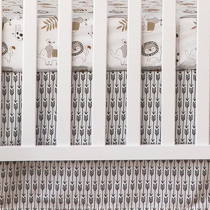 Levtex Baby - Tanzania Crib Fitted Sheet - Fits Standard Crib and Toddler Mattress - Tossed Elephant, Giraffe and Lion - Charcoal Cream Tan - Nursery Accessories - 100% Cotton