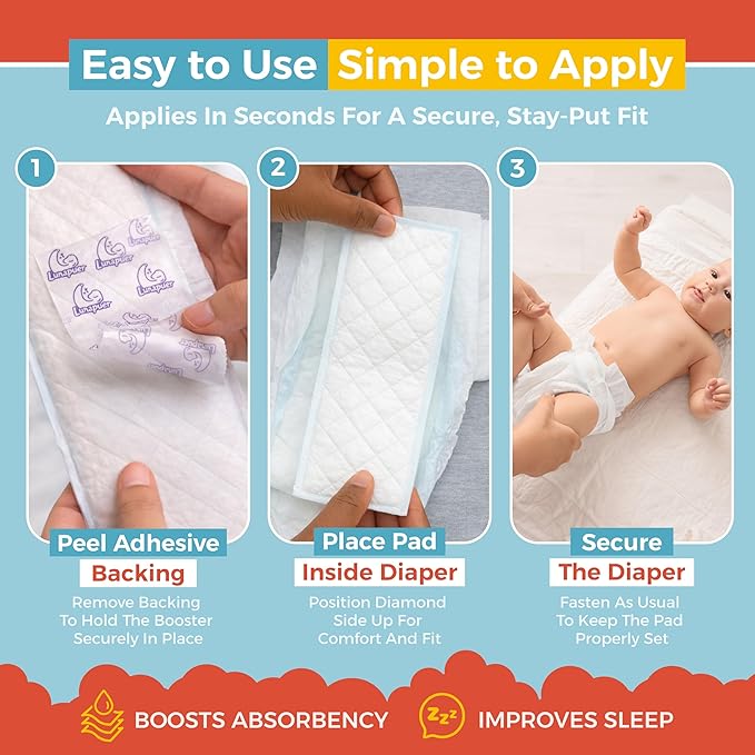 Diaper Booster Pads Overnight, Stop Overnight Leaks, Diaper Inserts with Adhesive for Sensitive Skin – Fits Newborn, Size 1, 2, 3 – Diaper Liners for Baby Boys & Girls – 32 ct