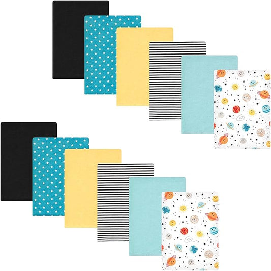 Hudson Baby Unisex Baby Cotton Flannel Burp Cloths Bundle, Happy Planets, One Size