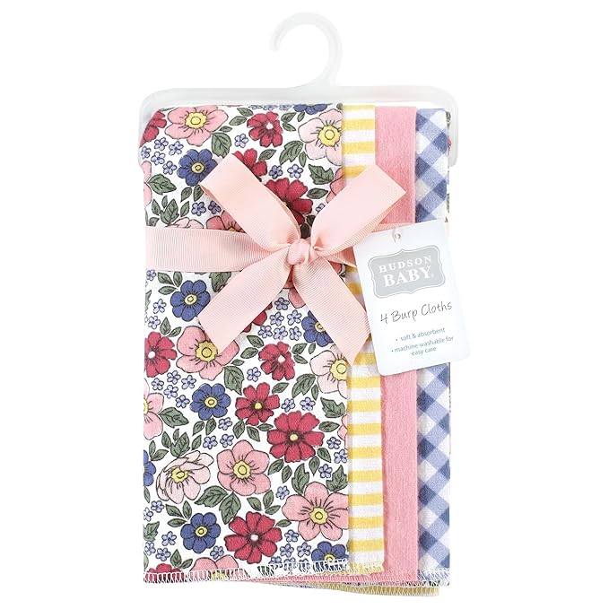 Hudson Baby Unisex Baby Cotton Flannel Burp Cloths, Pink Blue Pretty Floral 4 Pack, One Size
