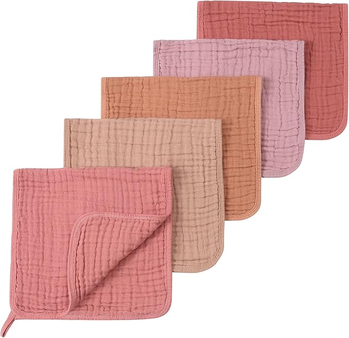Muslin Burp Cloths 5 Pack Large 20x12 inches Baby Burping Cloths, 6-Layer 100% Cotton for Newborn Boys Girls, Ultra Soft & Absorbent (Pink & Coffee)