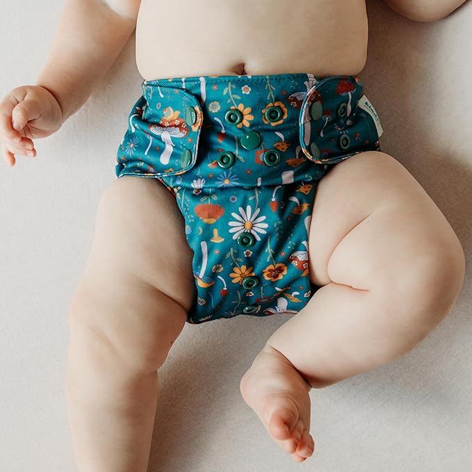 Kinder Cloth Diapers Reusable Baby Diapers Pocket Style Athletic Wicking Jersey, Bamboo Viscose Inserts, Wet Bag, Newborn to Potty Training 7-60lbs, One Size (Boho Mushrooms, 3 Pack, with Inserts)