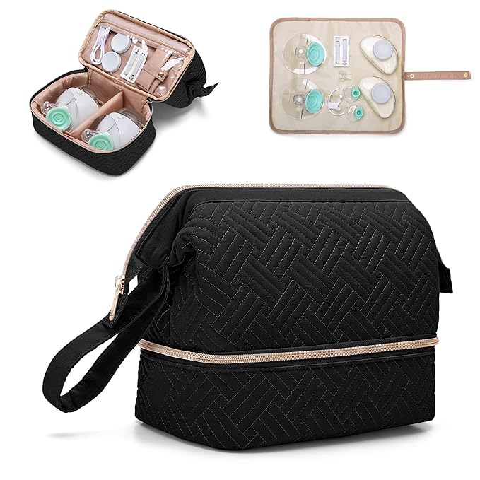 Fasrom Wearable Breast Pump Bag Compatible with Momcozy, Medela and Elvie Pumps, Double Layer Pump Carrying Case with Waterproof Mat and Insulated Pockets for Working Moms, Black (Bag Only)