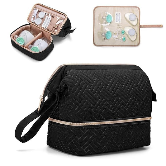 Fasrom Wearable Breast Pump Bag Compatible with Momcozy, Medela and Elvie Pumps, Double Layer Pump Carrying Case with Waterproof Mat and Insulated Pockets for Working Moms, Black (Bag Only)