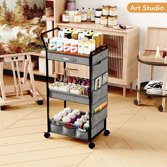 BBLIKE 3-Tier Diaper Caddy Organizer - Rolling Utility Baby Cart with Drawer and Side Pockets for Nursery and Baby Essentials, Multi-Function Cart for Bedroom and Bathroom, Gray