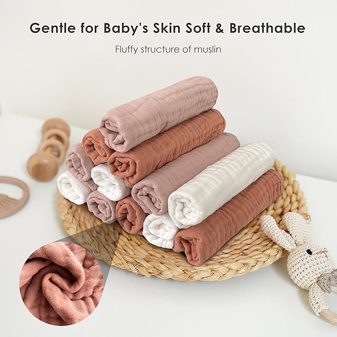 Muslin Burp Cloths for Baby 100% Cotton Burping Cloths for Unisex, Boy, Girl - Large 20'' by 10'' Newborn Essentials Ultra Soft Absorbent Milk Spit Up Rags - 12 Pack - White+Light Bean Paste Series