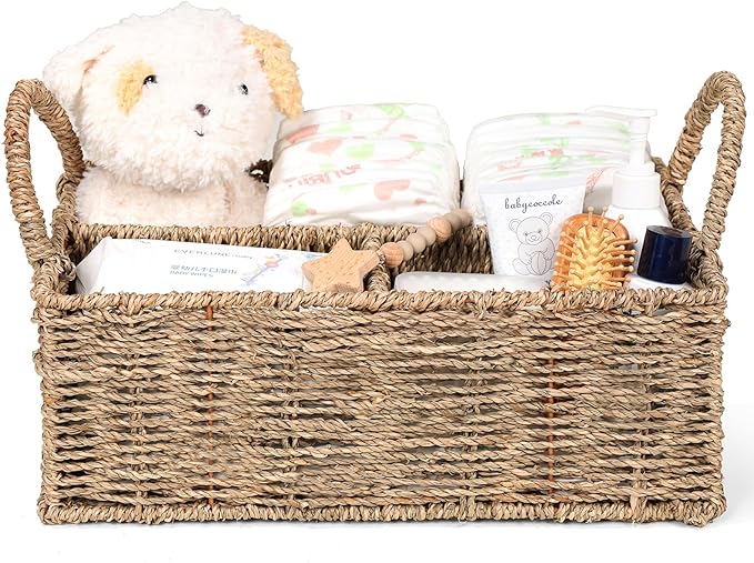 Diaper Caddy Organizer, Hand Rattan Nursery Baby Basket Changing Table Organizer for Baby Essentials, Baby Shower Gifts, Versatile Shelf Basket Bathroom/Kitchen Organizer (Natural, L)