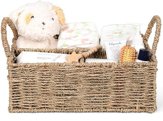 Diaper Caddy Organizer, Hand Rattan Nursery Baby Basket Changing Table Organizer for Baby Essentials, Baby Shower Gifts, Versatile Shelf Basket Bathroom/Kitchen Organizer (Natural, L)