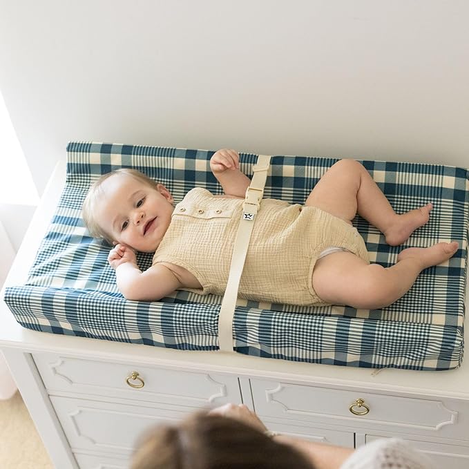 Tiny Twinkle Portable Diaper Changing Pad with Safety Strap，16" x 31" Diaper Changing Mat for Nursery/Dresser/Travel, Waterproof & Soft Infant Changing Station(Gingham)