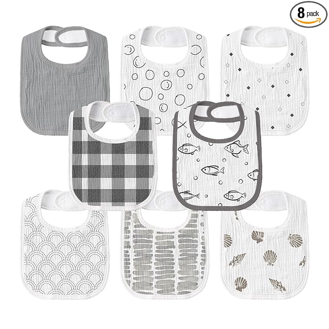 GLLQUEN BABY Muslin Drool Bibs for Boys Girls 8 Pack, Adjustable Baby Bibs for Drooling and Teething, Soft Cotton Baby Bandana Bib for Newborn Feeding Essentials (Fish)