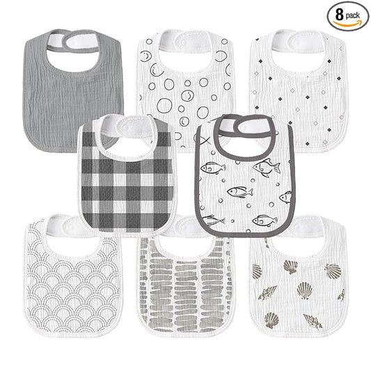 GLLQUEN BABY Muslin Drool Bibs for Boys Girls 8 Pack, Adjustable Baby Bibs for Drooling and Teething, Soft Cotton Baby Bandana Bib for Newborn Feeding Essentials (Fish)