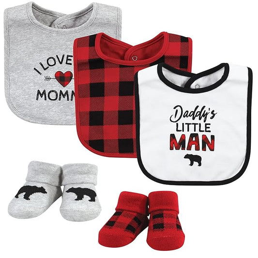 Hudson Baby Unisex Baby Cotton Bib and Sock Set, Buffalo Plaid Family, One Size