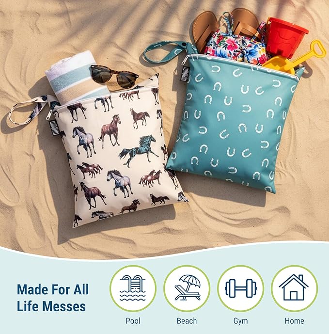 Wildkin Wet Bag Set for Boys, & Girls – Durable Zipper with Snap Loop Handle, Reusable Water-Resistant Bags for Beach, Pool, Travel & Gym - Horse Dreams
