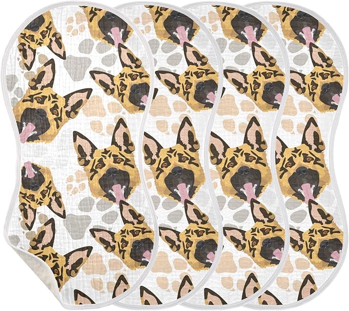 Muslin Burp Cloths for Baby Boys and Girls - 2-Pack Ultra Absorbent German Shepherd Dog Muslin Washcloths, Newborn Towel, Milk Spit Up Rags, Burp Cloth Bibs for Unisex, 22 x 11 Inch