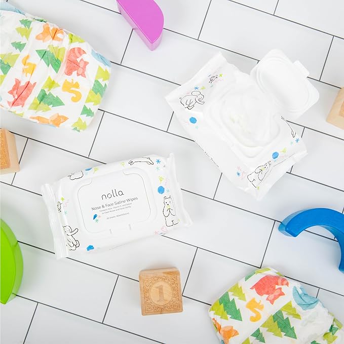 Nolla Nose and Face Wipes for Babies & Kids with Saline, Vitamin E, & Aloe | Unscented | Compostable, 360 Count (12 Packs of 30)