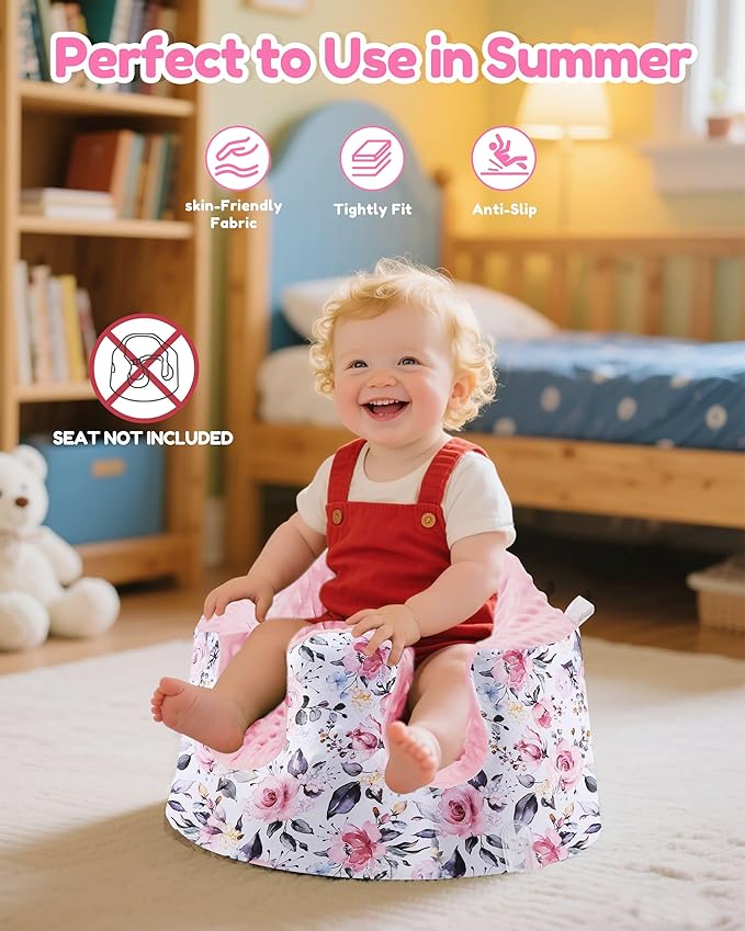 BOMOLOUR Seat Cover Compatible with Bumbo and Nuby Seat, Removable Breathable Baby Floor Seat Cover for Boys and Girls, Seat Not Included (Pink Flower)