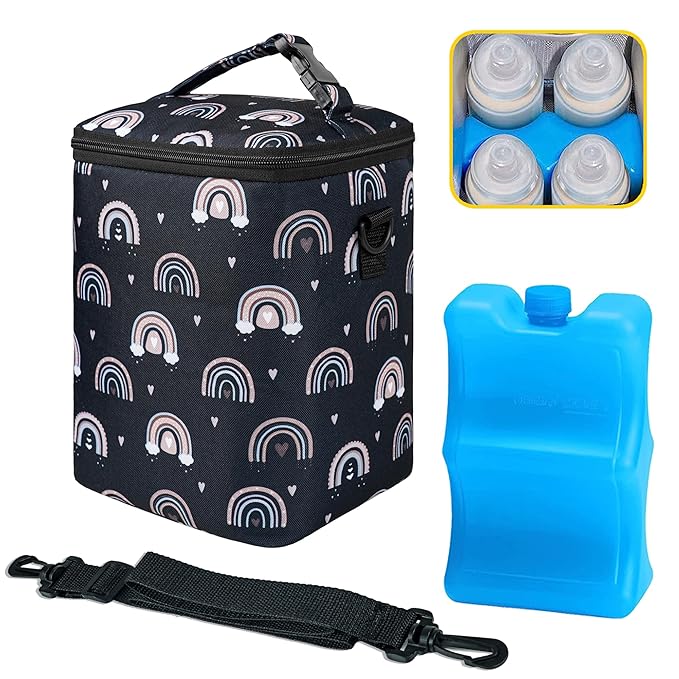Breastmilk Cooler Bag with Ice Pack Fits 4 Baby Bottles Up To 9 Ounce Insulated Baby Bottle Bag Breast Milk Cooler on the Go with Strap Cooler Bag for Nursing Mom Daycare or Travel