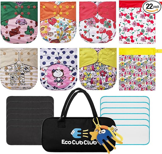 Reusable Washable Cloth Diapers 6pcs for Baby Shower,Leak-Proof Double Gussets Fleece Lining,12 Soft Fleece Inserts & 2 Wet Bags,Packed in Durable Travel Handbag&Key Chain-G-04-F