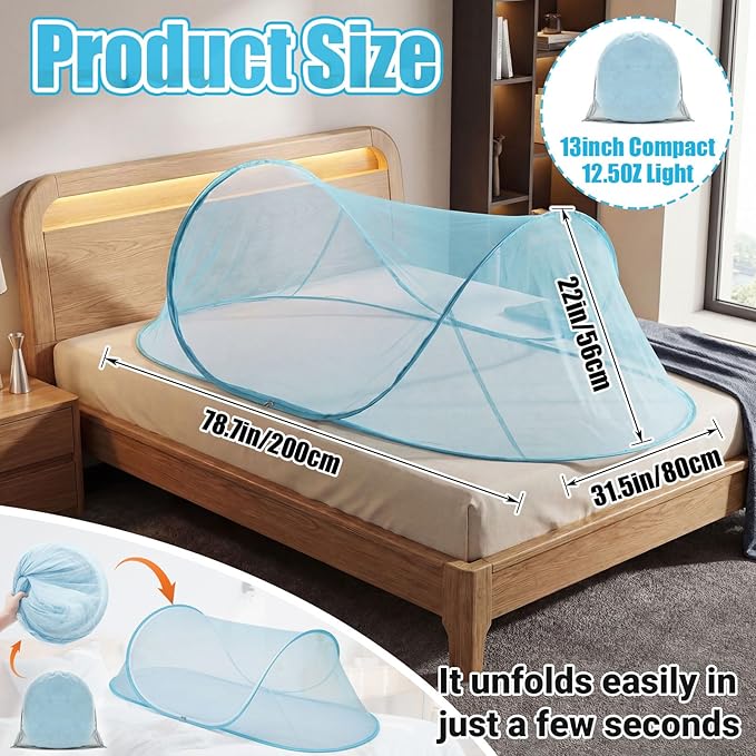 Large Pop up Mosquito Net for Camping Portable Foldable Mosquito Tent Bug Net Bed Travel Patio Outdoor 78 x 31 x 22 Inch Bug Netting Mesh Tent Canopy for Adults Baby Bedroom, Bllue