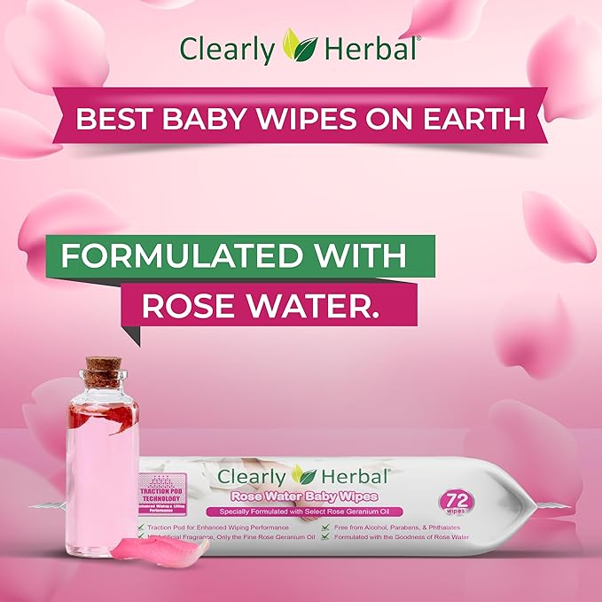 Baby Wipes, Rose Water Formula, made with Essential Oils and Natural Herbal Extracts, Bundle Pack 288 Plant Based Wipes (4 Packs x 72 Count)
