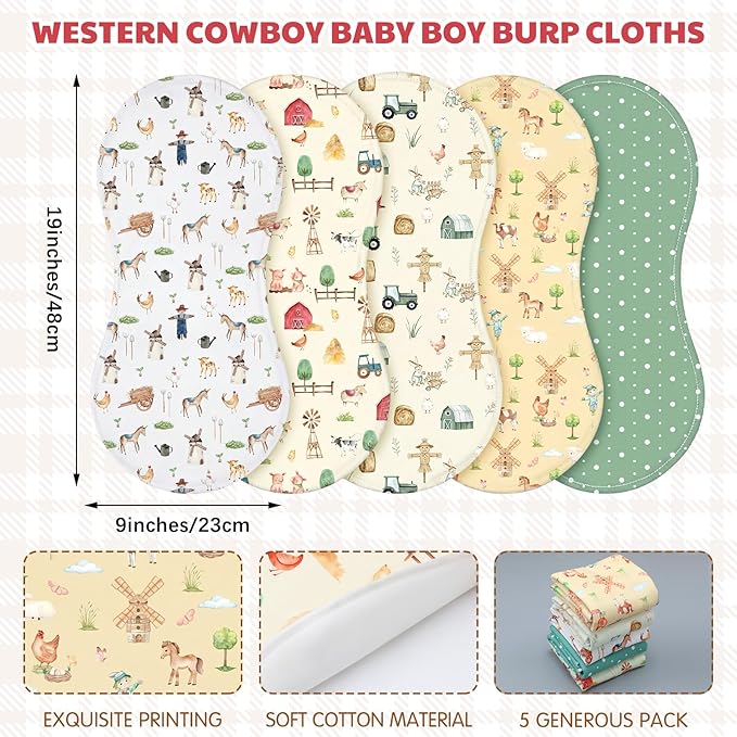 SmoothNovelty 5 Pack Farm Animals Baby Burp Cloths Soft Absorbent Burping Rags for Newborns 19"x9" Spit up Cloths for Boy Girl Newborn Baby Shower Registry Gifts Set Nursery Decor